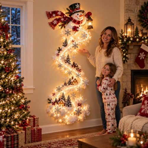 Christmas Magic Trail Wall Light -3D LED Glowing Christmas Scene Wall Decoration, Santa Sleigh Reindeer Hanging Decoration Indoor Holiday Decor for Living Room, Festive Xmas Gift，Snowman