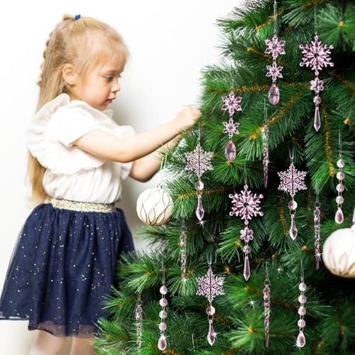 Crystal Christmas Tree Ornaments, Pink Acrylic Snowflake & Icicle, 18pcs