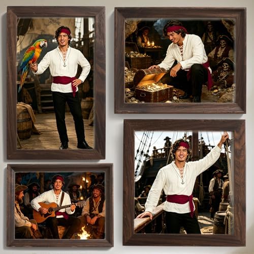 Men’s Pirate Costume Set, 8-Piece Renaissance Medieval Outfit Accessories