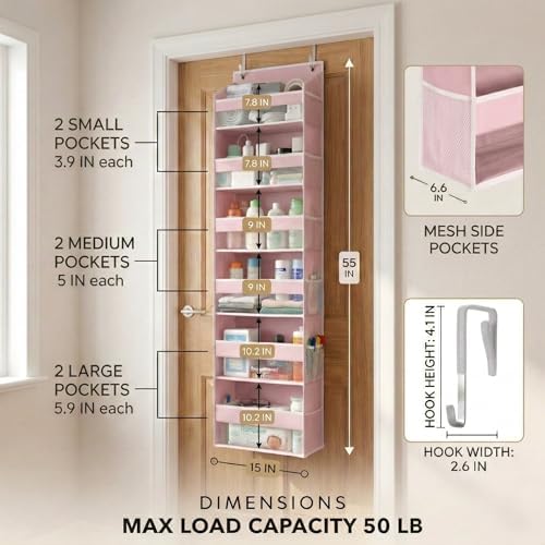 HOMELUX THEORY Over the Door Organizer, 6-Tier, 100D Fabric, Baby Pink 1pc