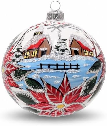 Polish Hand Blown Glass Christmas Ornaments Ball, Wintry Merry Xmas 5 in
