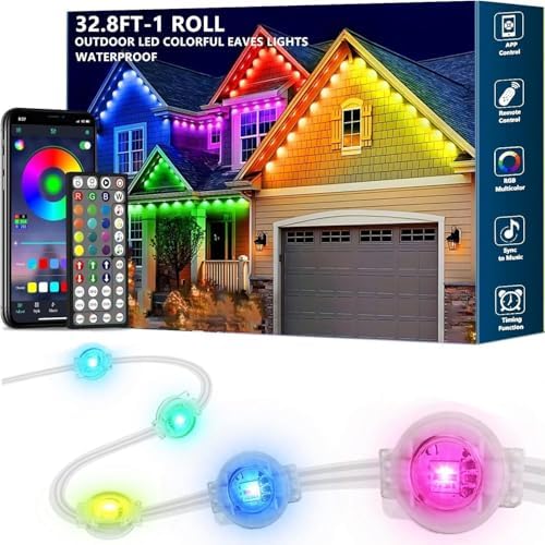 32.8FT Permanent Outdoor RGB Lights,IP67 Waterproof Smart LED Eaves Lights with App/Remote Control,for Christmas and All Holiday Decor,Daily and Accent Lighting,House Roof and Garden Lighting