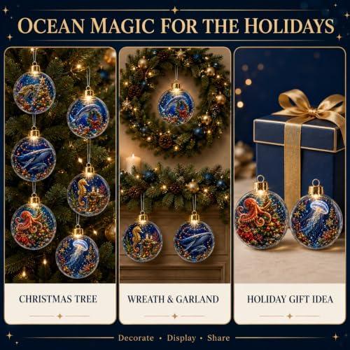 6 Pack Lighted Ocean Christmas Ornaments, 3.15 Inch Sea Animal Globes