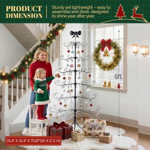 VINGLI 6FT Metal Christmas Ornament Tree, Wrought Iron Display Stand Black