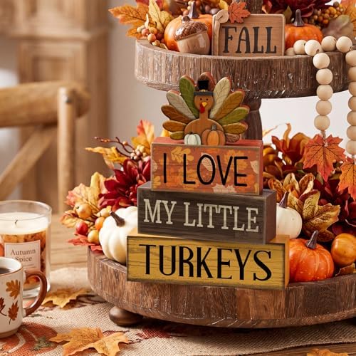 Lineshading 4 Pcs Thanksgiving Table Decoration, Turkey Wooden Block Signs