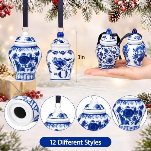 Peryiter 12 Pcs Blue White Christmas Ornaments Ginger Jar, Minimalist