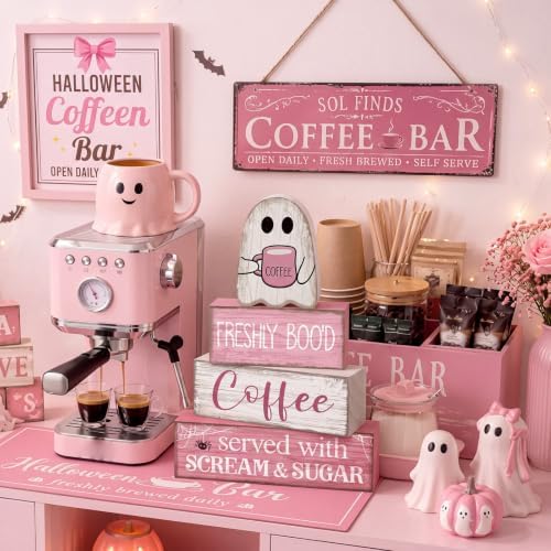 Moucuny 4 Pcs Pink Halloween Table Decorations Coffee Ghost Wooden Blocks