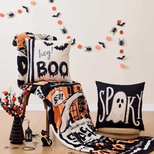 Halloween Decor Pillow Covers 16x16 Inch,Set of 4 Halloween Decorations Outdoor Indoor Throw Pillow Covers, Hey Boo Cute Spooky Ghost Black Striped Linen Cushion Case for Home Sofa Couch Bed Chair