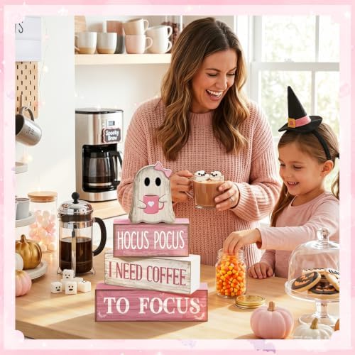 Moucuny 4 Pcs Pink Halloween Table Decor Ghost Wooden Stacked Block Decor