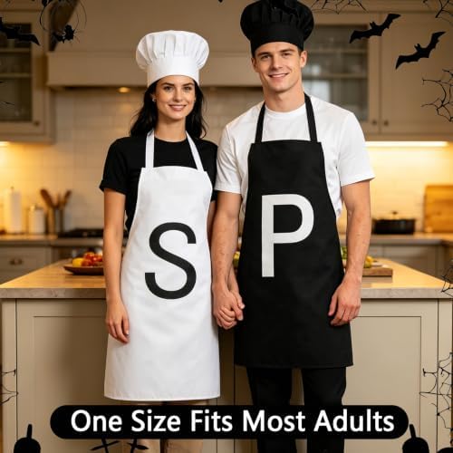 4 Pcs Salt and Pepper Costume Set for Adults - Classic Condiment Themed Couple Outfit - P & S Apron, Black & White Chef Hat - Matching Pair Costume Accessories for Adult Halloween Party