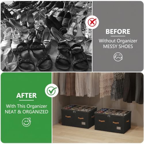 Shoe Organizer for Closet, 2 Pack Shoe Storage Bins Foldable Shoe Storage Box Containers with Clear Cover and Sturdy Handles, Shoe Rack for Closet Storage for Sneakers Heels Slippers, Fit 12-24 Pairs