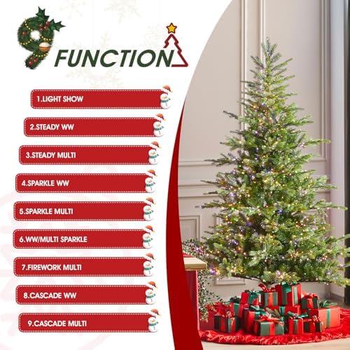 Glitzhome Prelit Christmas Tree, 7.5ft Green Full Christmas Tree Vibrant Evergreen Fir with 1,600 Warm White/Multi-Color Lights, 9 Function w/Foot Pedal and Remote Control,Easy Assembly