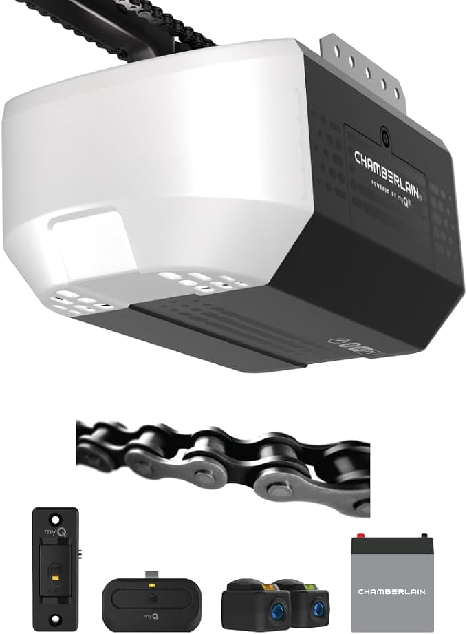 Chamberlain Chain Drive myQ Garage Door Opener, 1/2 HP w/Battery Backup | Heavy duty, myQ compatible, Quiet performance, Includes: 2 remotes, wall control & safety sensors, 5-year motor warranty