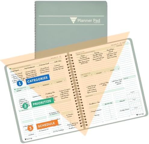 Planner Pad Spiral Bound January-December 2027/ Calendar Year 6 3/4" x 8 1/2" Medium 3-Tier Funnel Down 12 Month/Weekly Organizer, Greenish Grey Cover/Soft Green Ink