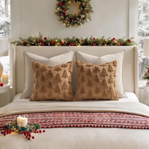 MIULEE Christmas Throw Pillow Covers Brown Christmas Decorations Set of 2 Xmas Tree 18x18 Pillow Covers Soft Plush Faux Wool Pillowcases Holiday Festivals Winter Home Decor Sofa Couch Bed Porch