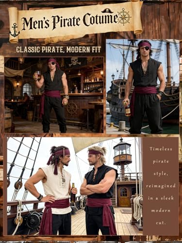 Verceco Mens Pirate Costume 8PCS Renaissance Sleeveless Shirt Ankle-Banded Pants Sash Belt & Accessories LARP Cosplay