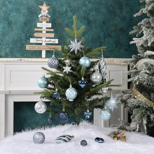 82Pcs Blue and Silver Christmas Ornaments Set, Shatterproof Christmas Decorations for Tree Assorted Plastic Craft Baubles Snowflake Ball Ornaments for Holiday Xmas Party Decor (Blue & Silver)