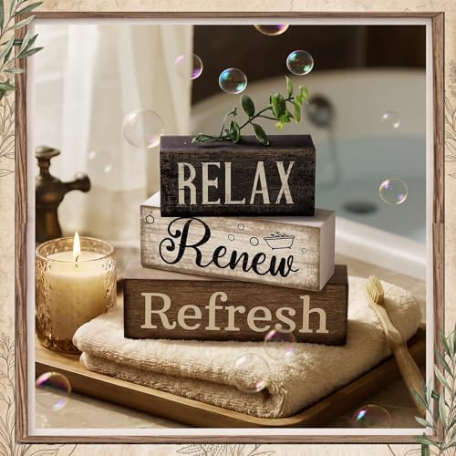 Lineshading 4 Pcs Farmhouse Bathroom Shelf Decor, Relax Renew Refresh Signs