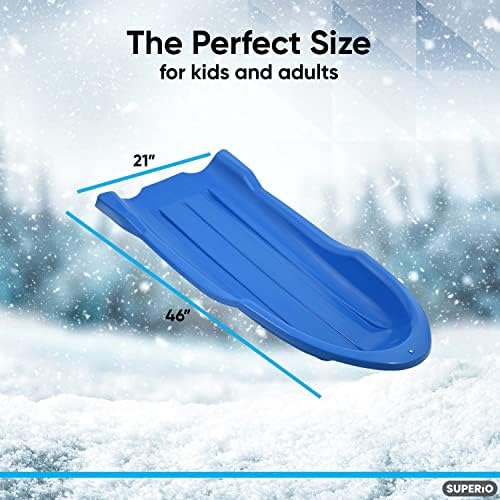 Superio Toboggan Snow Sled for Kids and Adults, 46" Heavy Duty Plastic Open Back Slider with Handles and Hole for Pull Ropes- (Ropes Excluded) Kid and Adult Winter Fun