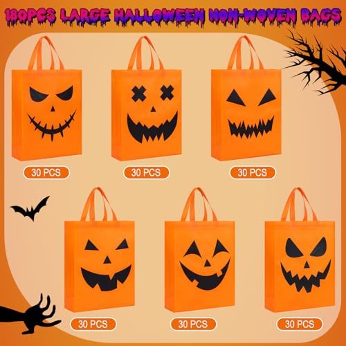 Sanwuta 180 Pcs Halloween Tote Gift Bags 14.9 x 11.8 Large Treat or Trick Pumpkin Reusable Non Woven Candy Goodies Bag for Halloween