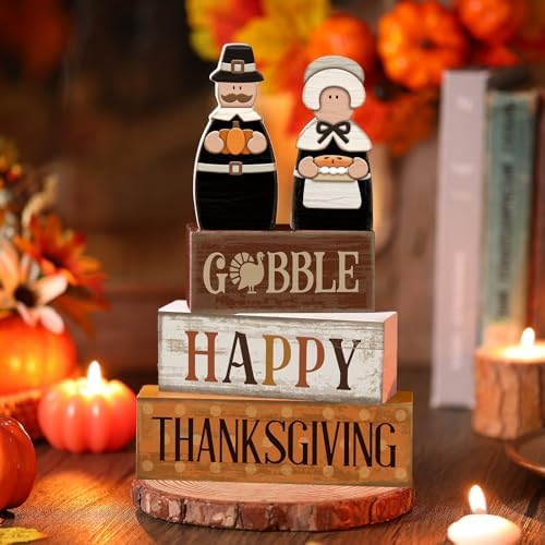 Lineshading 4 Pcs Thanksgiving Table Decor, Wooden Pilgrim Couple Sign Set
