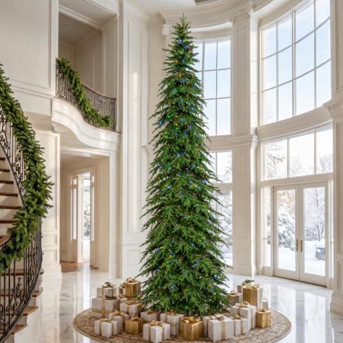 Glitzhome Prelit Artificial Christmas Tree, 15ft Slim Chicago Evergreen Spruce Tree with 1,500 Warm White & Multi-Color LED Lights, 5883 Branch Tips, 9 Lighting Modes w/Remote Control, Easy Setup