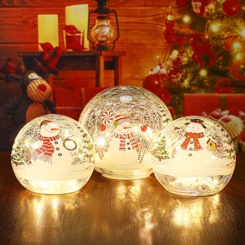 Soulchen 3 Pcs Christmas Decorations Indoor Snowman Globe Crackle Glass Ball Lamp with LED Lights Tabletop Xmas Decor Christmas Table Decorations for Home Fireplace Mantel
