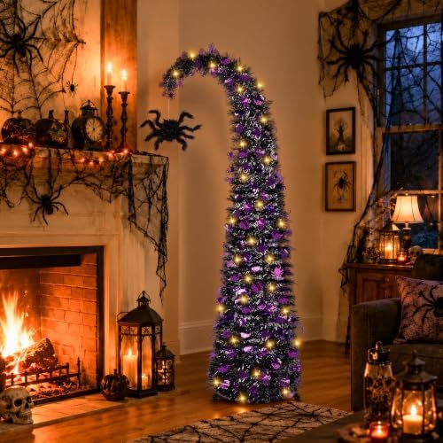 5FT Curved Halloween Pop Up Christmas Tree with Spider Pendant and Lights