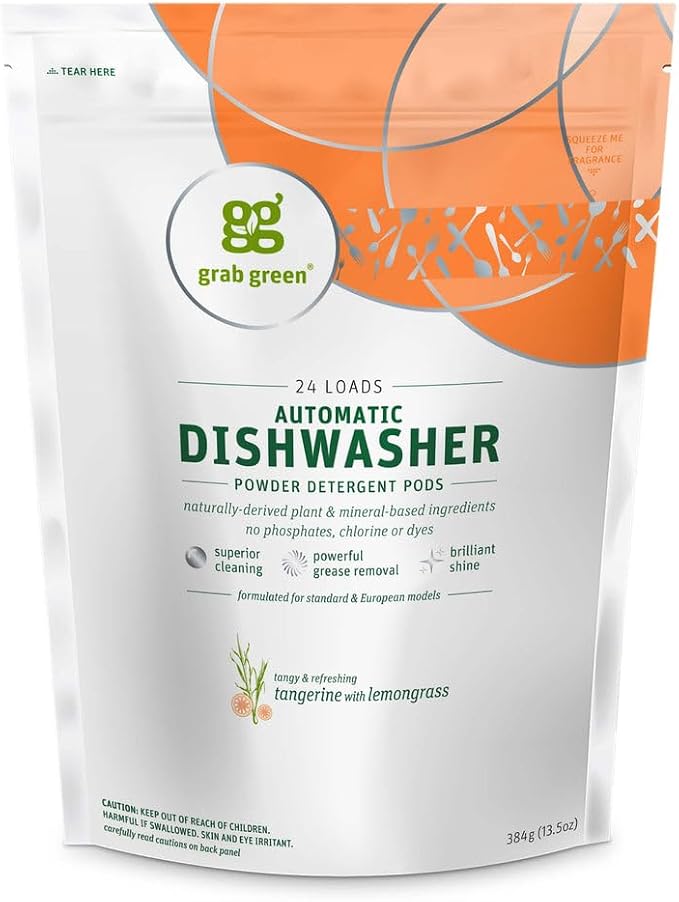 Grab Green Dishwasher Pods, 24 Count, Tangerine with Lemongrass | Plant & mineral based; Enzyme-powered; Velcro Closure; No Harsh Chemicals; Removes Grease and Stuck on Food