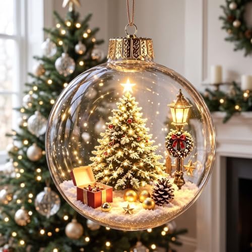 5PCS Glowing Christmas Ornaments - Mini Gold Light-Up Christmas Ball Ornaments - Christmas Tree Ornament with Warm LED Light for Tree Mantel, Holiday Scene Decoration & Gift