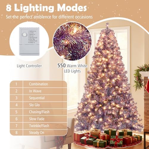HAPPYGRILL 7.5 FT Pre-lit Tinsel Christmas Tree Artificial Xmas Tree with 550 LED Lights, 8 Modes, 1300 Deep Purple Branch Tips, Folding Metal Stand, Seasonal Holiday Tree for Home Office Party