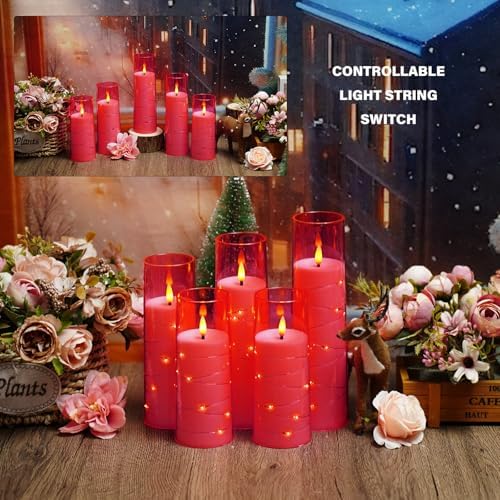 kakoya Flameless LED Candles with Timer 5 Pc Flickering Flameless Candles for Romantic Ambiance and Home Decoration Stable Acrylic Shell,with Embedded Star String，Battery Operated Candles(Pink)