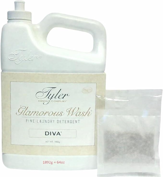 Tyler Candle Glam Liquid Wash Detergent Wash, Liquid, Diva, 64 Fl oz/with Dryer Sachet Single Pouch, Pull and Pour Spill Proof Cap FH