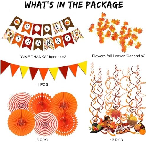 Fecedy Give Thanks Pumpkin Maple leaf Paper Banner Triangle Flag Bunting Maple Leaf Hanging Garland Paper Fan Flower Swirl Streamers for Thanksgiving Day Party Decoration