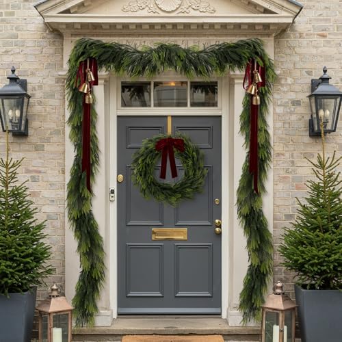 N&T NIETING 9FT Christmas Norfolk Pine Garland, Real Touch Pine Garlands Faux Greenery Garland Winter Christmas Garland for Table Mantle Holiday Indoor Outdoor Xmas Decorations (4 Pcs)