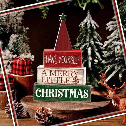Moucuny 4 Pcs Christmas Table Decor, Wooden Red Merry Christmas Tree Signs