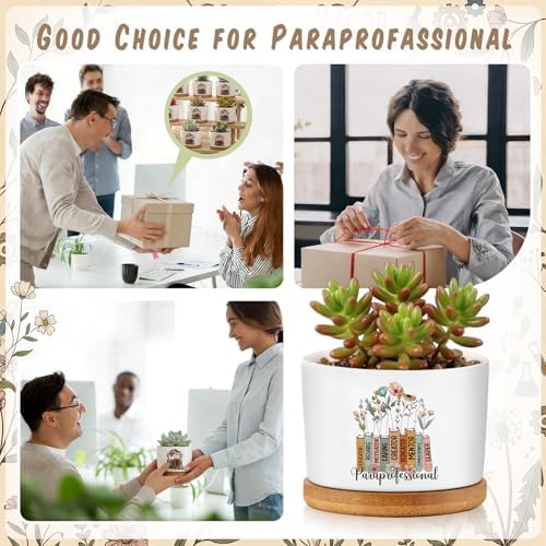 12 Pcs Paraprofessional Appreciation Gifts Succulent Planter Pots Ceramic Mini with Bamboo Trays Bulk for Teacher Assistant para Coworker Office Graduation Gifts, Plants Excluded