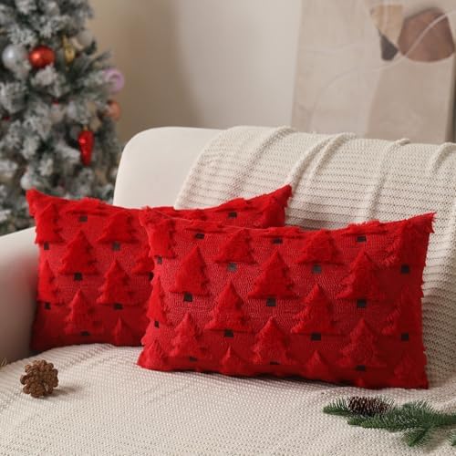 Allorry Christmas Pillow Covers 12x20 inch Set of 2 Christmas Decorations Soft Plush Faux Fur Wool Red Christmas Tree Throw Pillow Cases Winter Holiday Decor for Sofa Living Room PT002B12