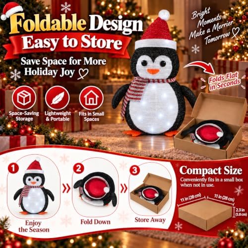 27.5-Inch Lighted Christmas Penguin for Outdoor Christmas Decorations, Pop-Up Penguin Yard Decor with 45 Cool White LEDs, Battery-Operated Timer, Collapsible Metal Frame for Porch and Lawn