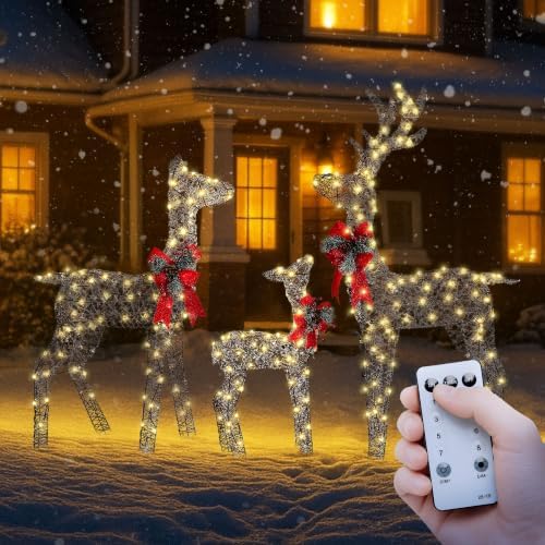 3D Large Pre-Lit Christmas Deer Family Set with Timer&Remote Control-Rattan