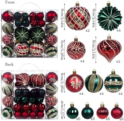 48 Pcs Christmas Balls Ornaments for Christmas Tree, Painted Shatterproof Plastic Decorative Baubles Hanging Ornaments for Xmas Tree Wreath Holiday Party Wedding Decoration, Red Green