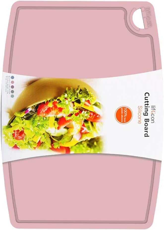 Thick Silicone Cutting Board 12.6'' x 9.1'' Foldable & Flexible Design Juice Grooves Easy Grip Handle Dishwasher Safe-Soft Pink