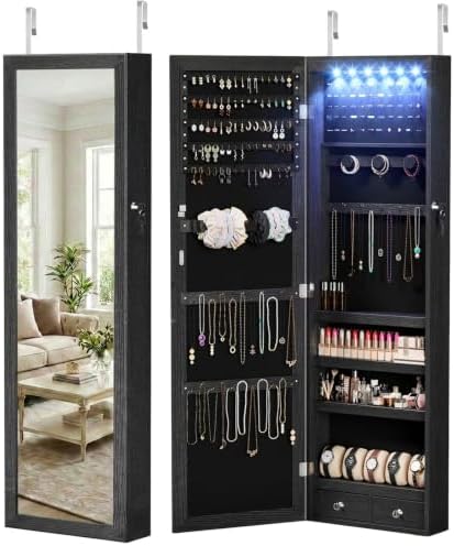 DUMOS 6 LEDs Mirror Jewelry Organizer Cabinet, Jewelry Armoire, 47.2 Inch