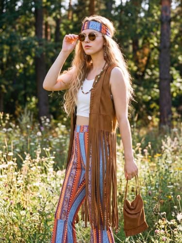 SOMSOC 7 Pieces 60s 70s Women Hippie Costume Fringe Vest Bag Pant Headband for Disco