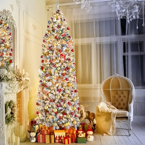 Yaheetech 9ft Pre-lit Snow Flocked Pencil Christmas Tree, Green & White