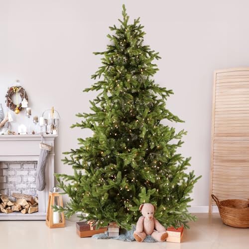 Fraser Hill Farm Woodside Pine Christmas Tree, 7.5 Feet Tall, Artificial Tree with Metal Base Includes White Incandescent Smart Lights, Artificial Holiday Tree Easy to Set Up and Easy to Connect