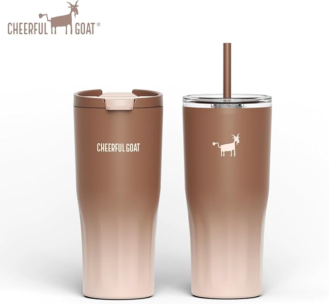 CHEERFUL GOAT Ceramic Lined Coffee Travel Mug – Stainless Steel Travel Coffee Tumbler with Ceramic Liner, with lid, 21 OZ Cup for Hot and Cold Water Coffee at Home, Office, or On the Go (Latte Ombre)
