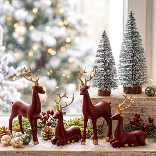 Thyle 4 Pcs Christmas Reindeer Decor Indoor Claret Resin Deer Figurine