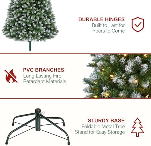 Hykolity 7.5 ft Flocked Christmas Tree, 350 Warm White LED Lights, Artificial Christmas Tree with 1446 PVC Branch Tips, Metal Hinges & Base