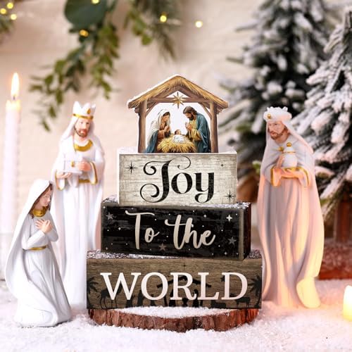 Moucuny 4 Pcs Christmas Table Decoratons, Christian Joy to The World Signs